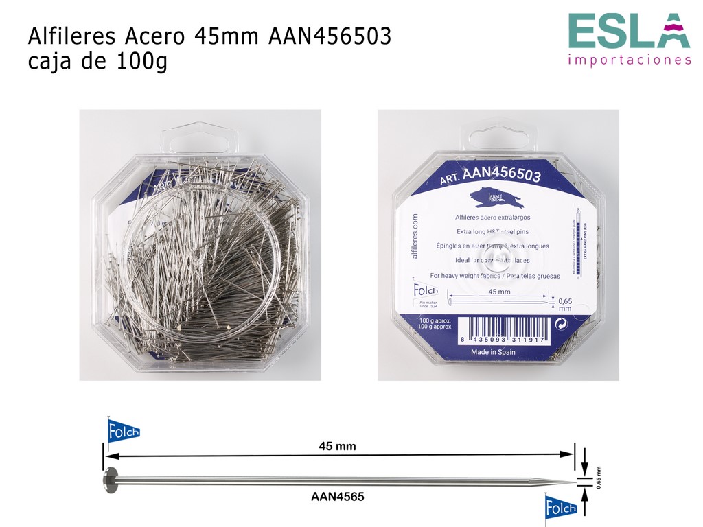 ALFILERES ACERO 45mm AAN456503 CAJA 100gr. FOLCH JABALI