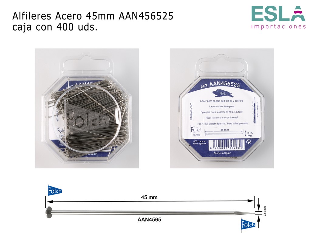 ALFILERES ACERO 45mm AAN456525 CAJA 400uds. FOLCH JABALI